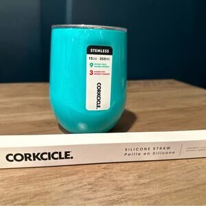 Corkcicle stemless insulated‎  turquoise 12oz cup, lid & straw